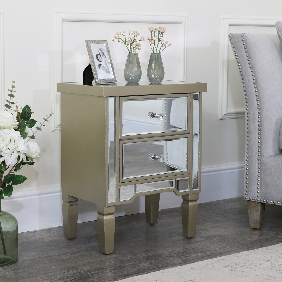 Mirrored Champagne Gold Bedside Table