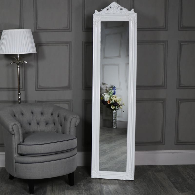 Ornate Gloss White Floor Standing Cheval Mirror