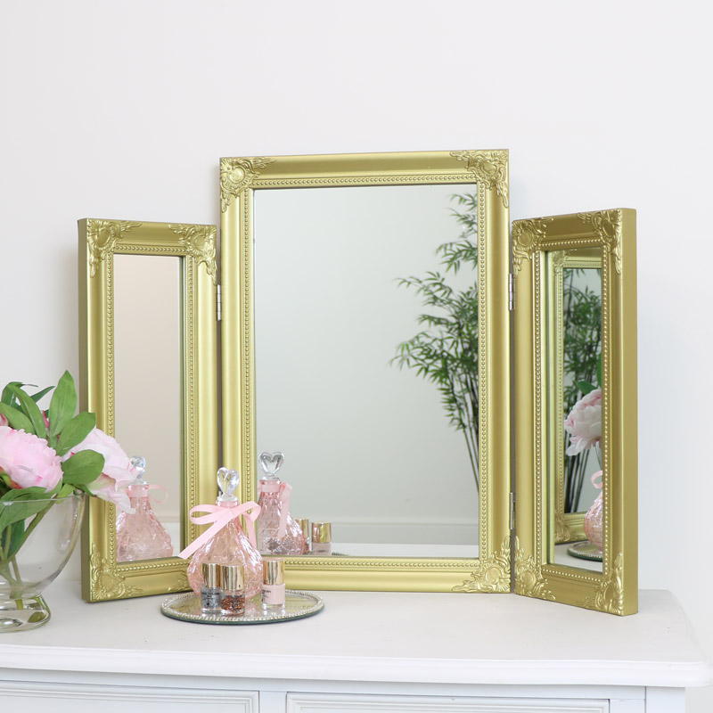 Ornate Gold Triple Dressing Table Mirror 55cm X 74cm Ornate Gold Triple Dressing Table, Gold Glass Vanity Table