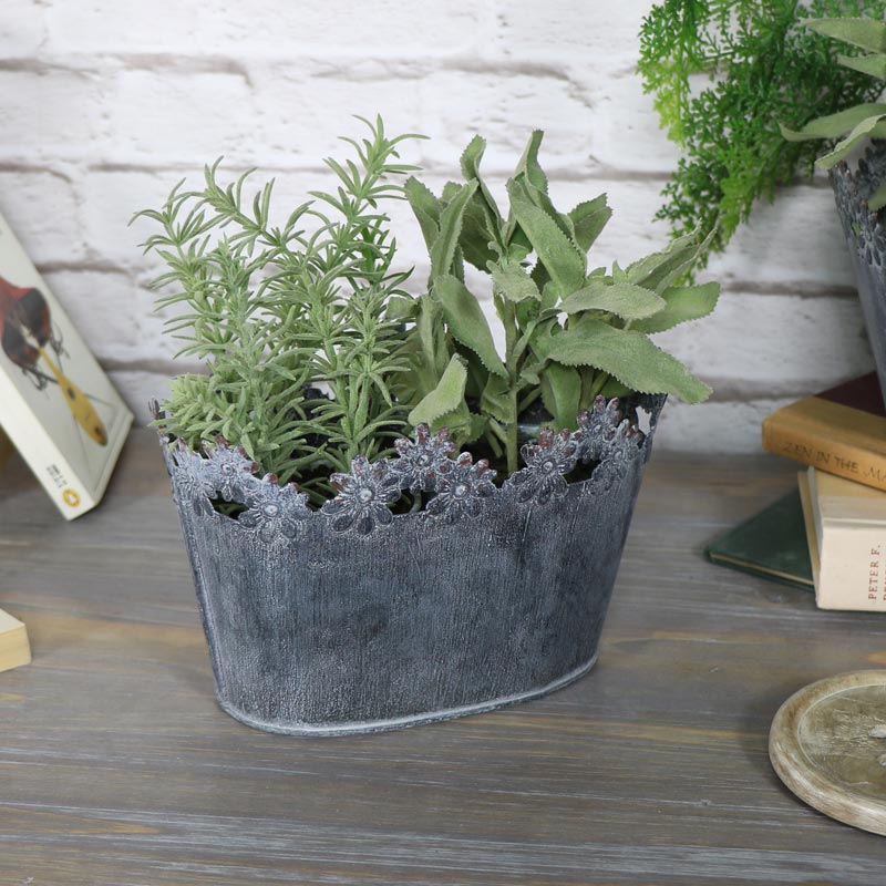 Ornate Grey Oval Metal Planter