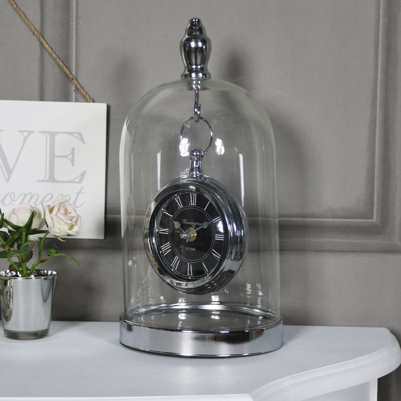 Ornate Silver Mantel Clock in Glass Cloche Dome Case