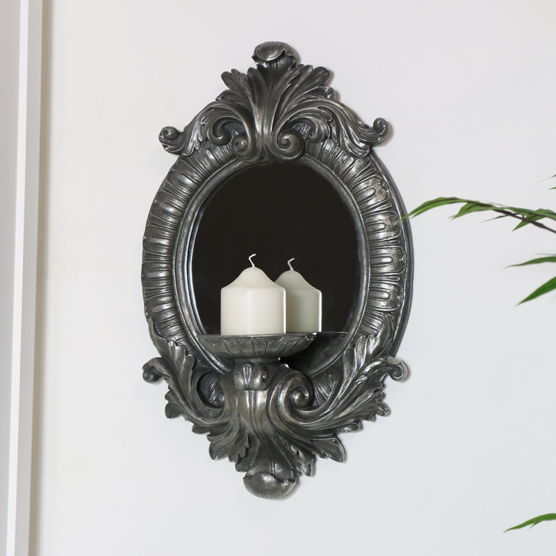 Ornate Silver Wall Mirror with Candle Sconce