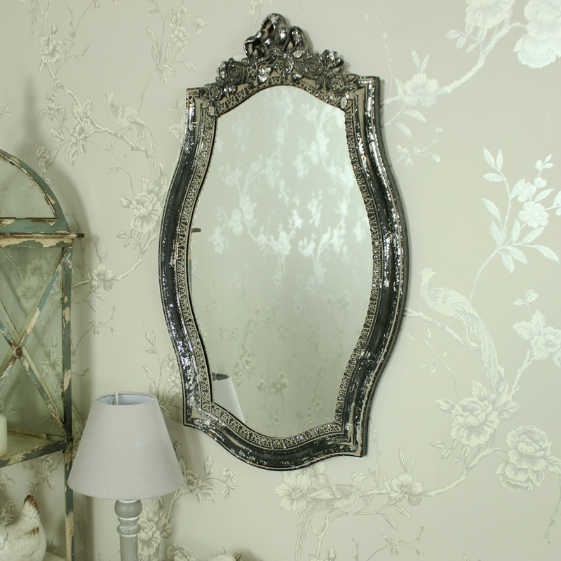 Ornate Vintage Grey Rose & Ribbon Wall Mirror 38.5cm x 65cm