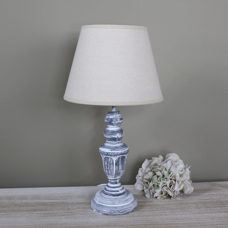 Ornate Vintage Grey White Washed Wooden Table Lamp