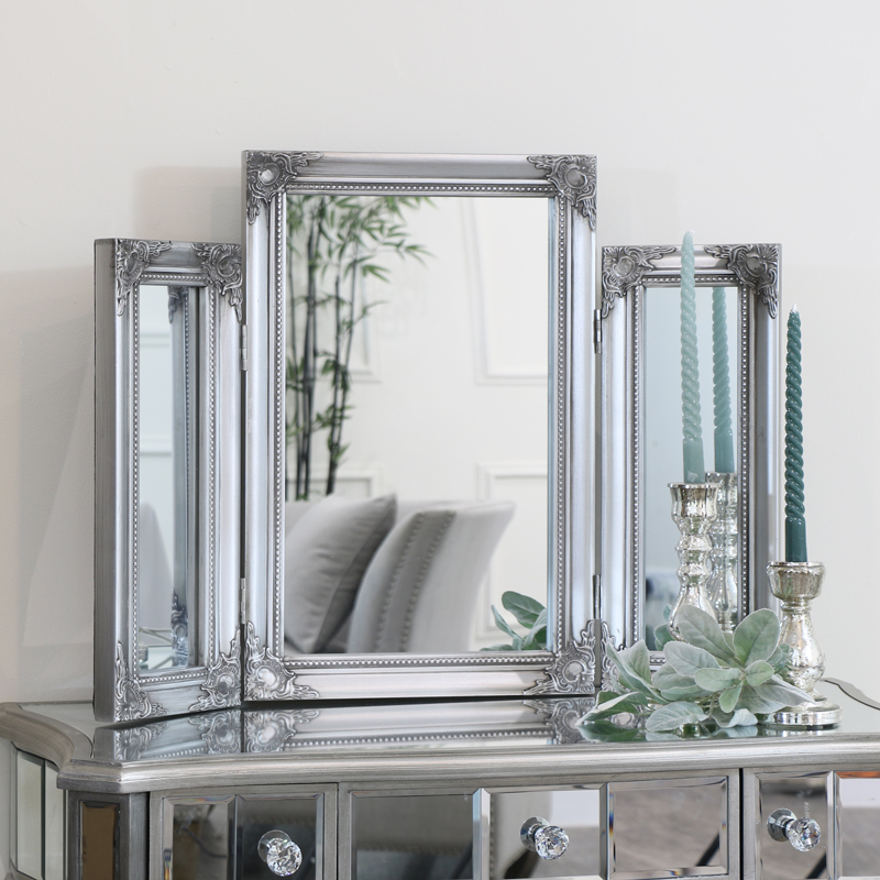 Vintage Silver Triple Table Mirror, Ornate Vintage Dressing Table Mirror