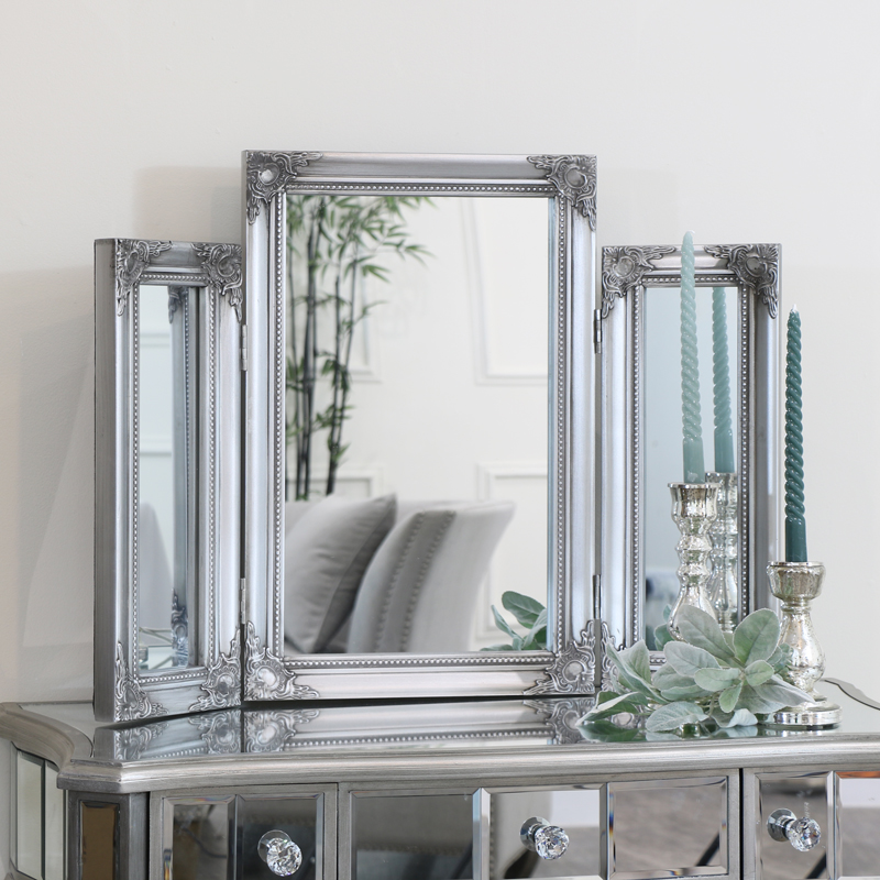 Vintage Silver Triple Table Mirror Melody Maison Vintage Silver Triple Table Mirror, Ornate Vintage Dressing Table Mirror