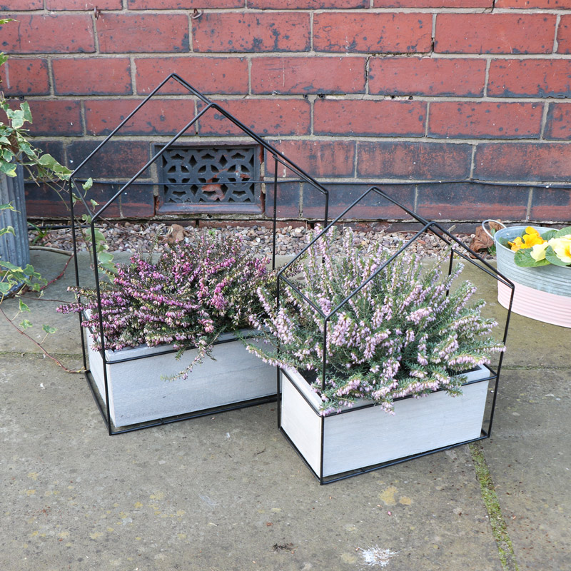 Pair of Black Wire Metal House Planters