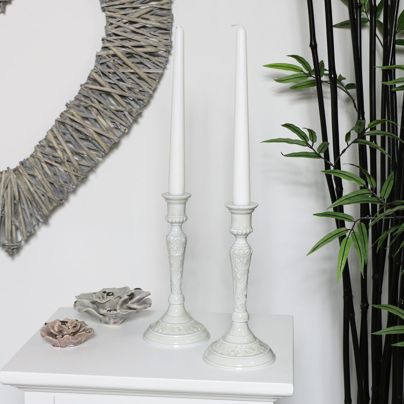 Pair of Embossed Grey Metal Candlesticks