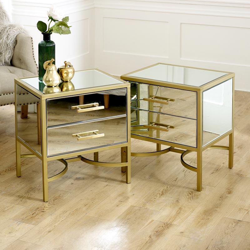 Pair of Gold Mirrored Bedside / Occasional Tables - Venus Range