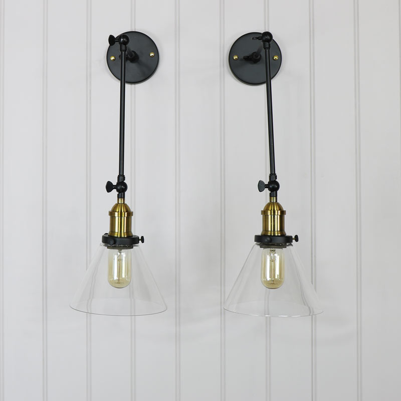 Pair of Long Arm Industrial Wall Lights with Glass Shade