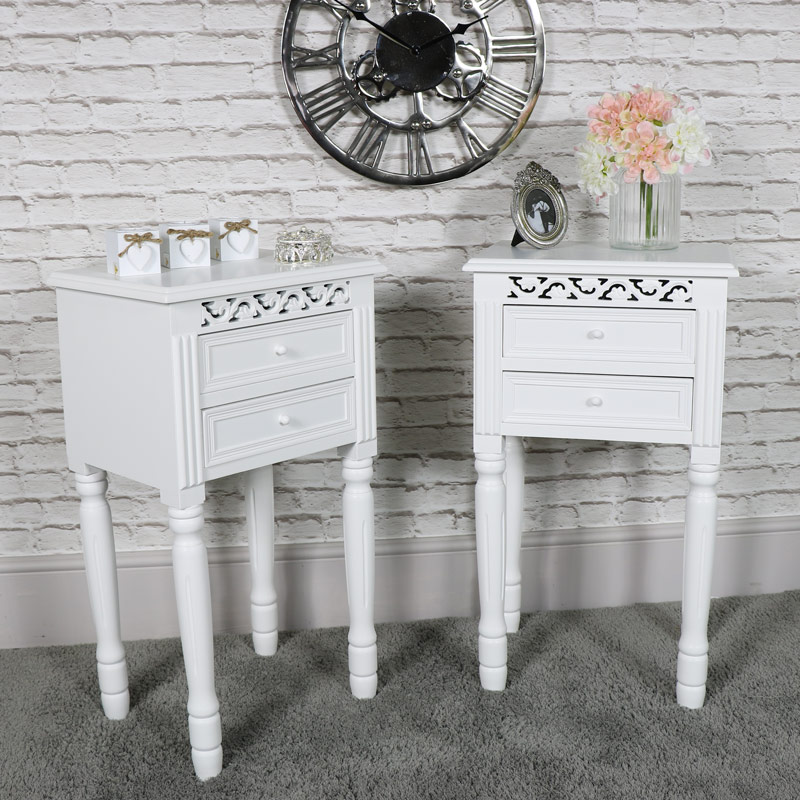 Pair of Ornate White 2 Drawer Bedside Table - Blanche Range