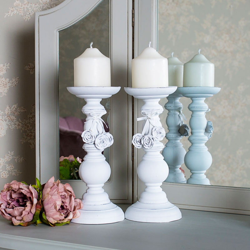 Pair of Ornate White Rose Candle Holders