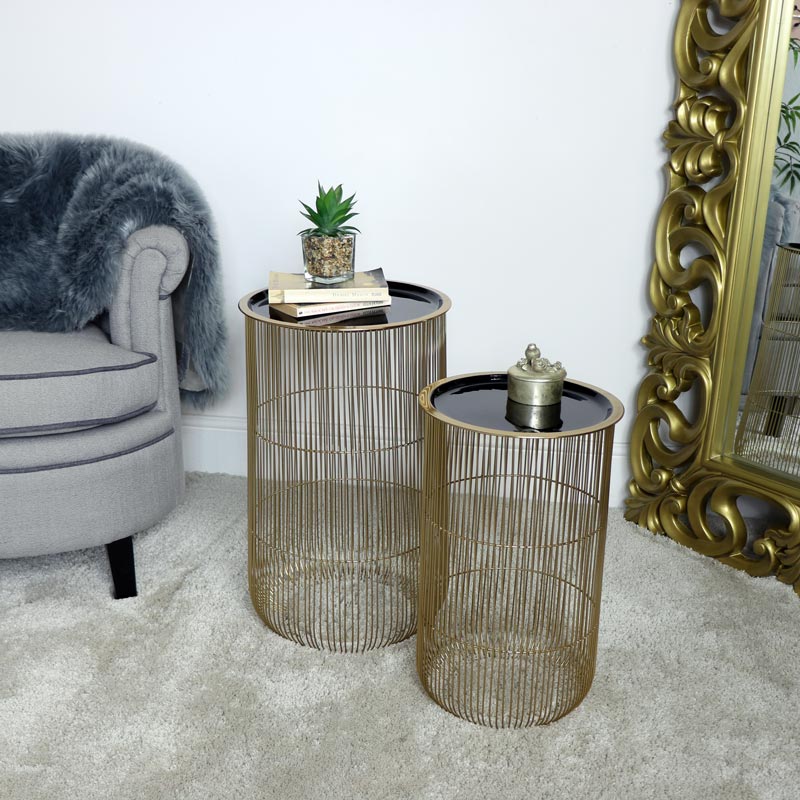 Pair of Tall Black & Gold Wire Side Tables with Basket Storage