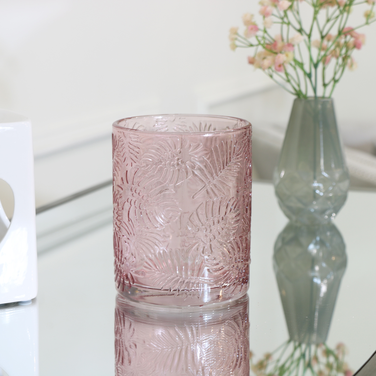 Pink Leaf Print Glass Candle Holder