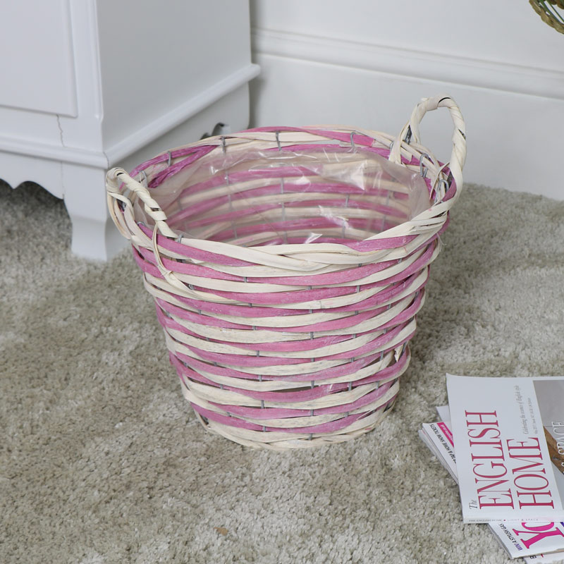 Pink & Natural Wicker Woven Waste Paper Bin