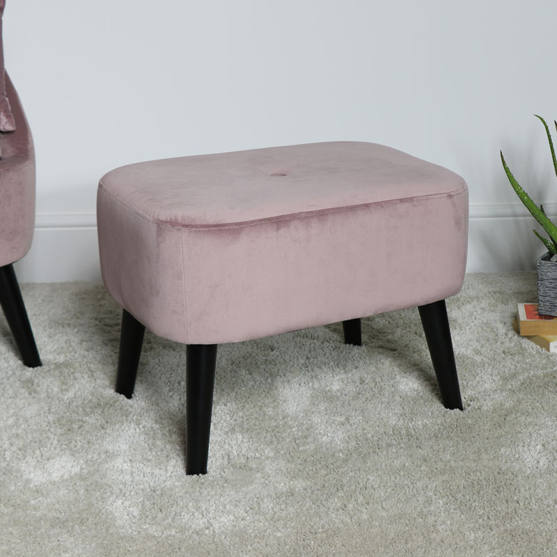 Pink Velvet Footstool with Black Legs