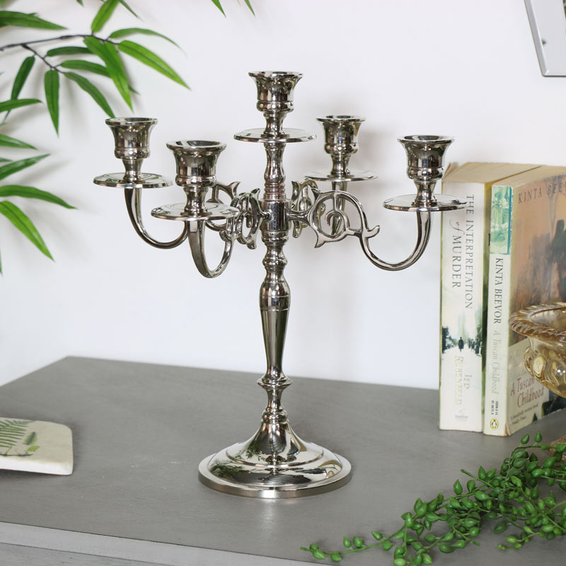 Polished Silver 5 Arm Candelabra