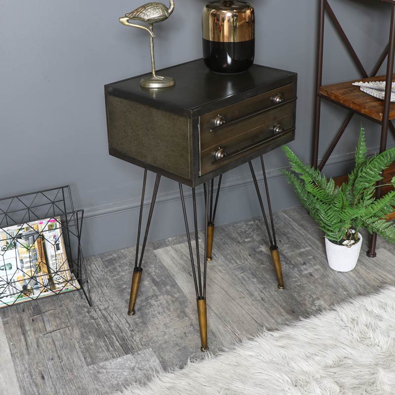 Silver Grey Metal Bedside Table Stand Retro Industrial Bedroom