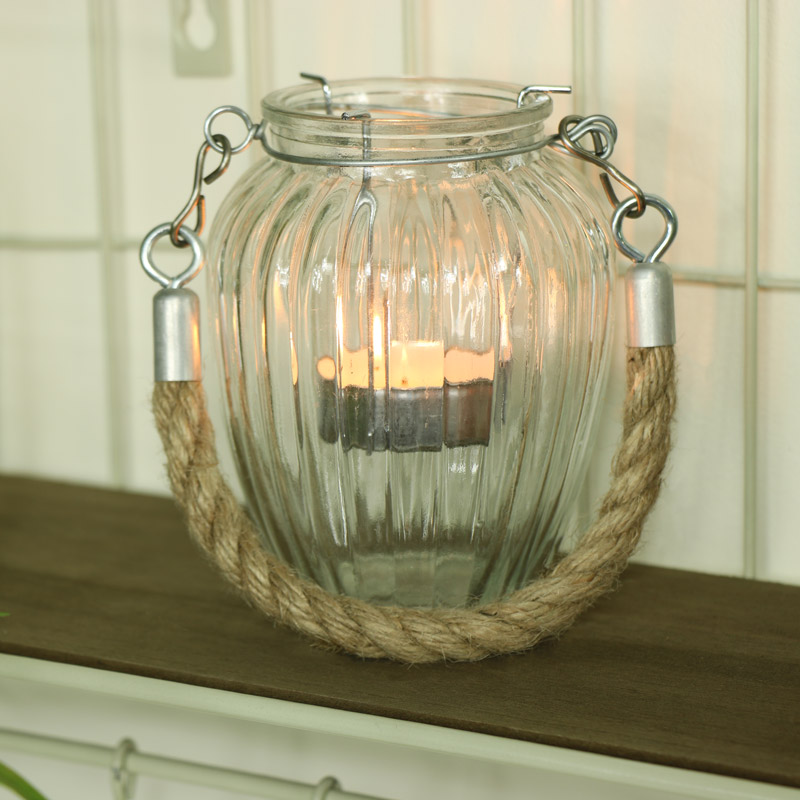 Ribbed Glass Candle Pot with Rope Hanger