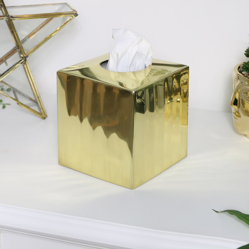 Ribbed Gold Metal Tissue Box 