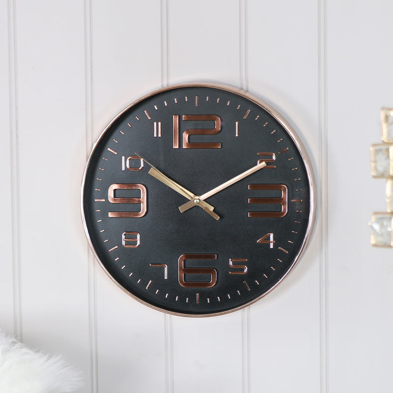 Round Copper Embossed Black Wall Clock