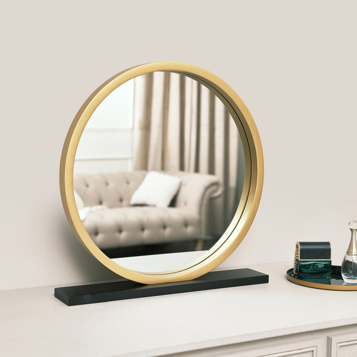 Round Gold & Black Freestanding Table Top Mirror