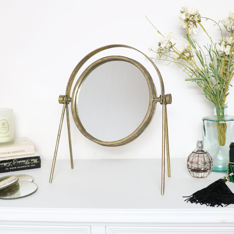 Round Gold Metal Vanity Mirror Small, Round Table Top Mirrors