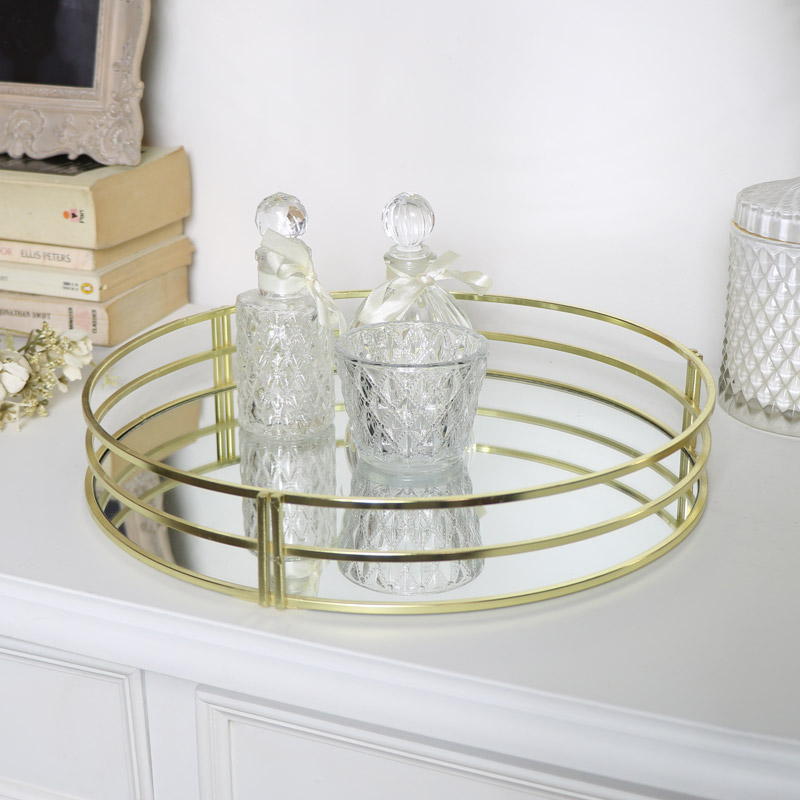 Round Gold Mirrored Tray, Extra Large Gold Mirrored Tray