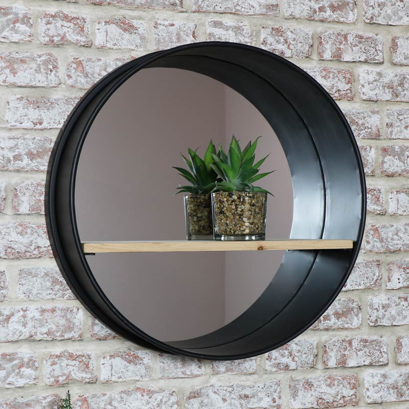 Round Wall Mirror with Shelf and Industrial Metal Frame 49cm x 49cm