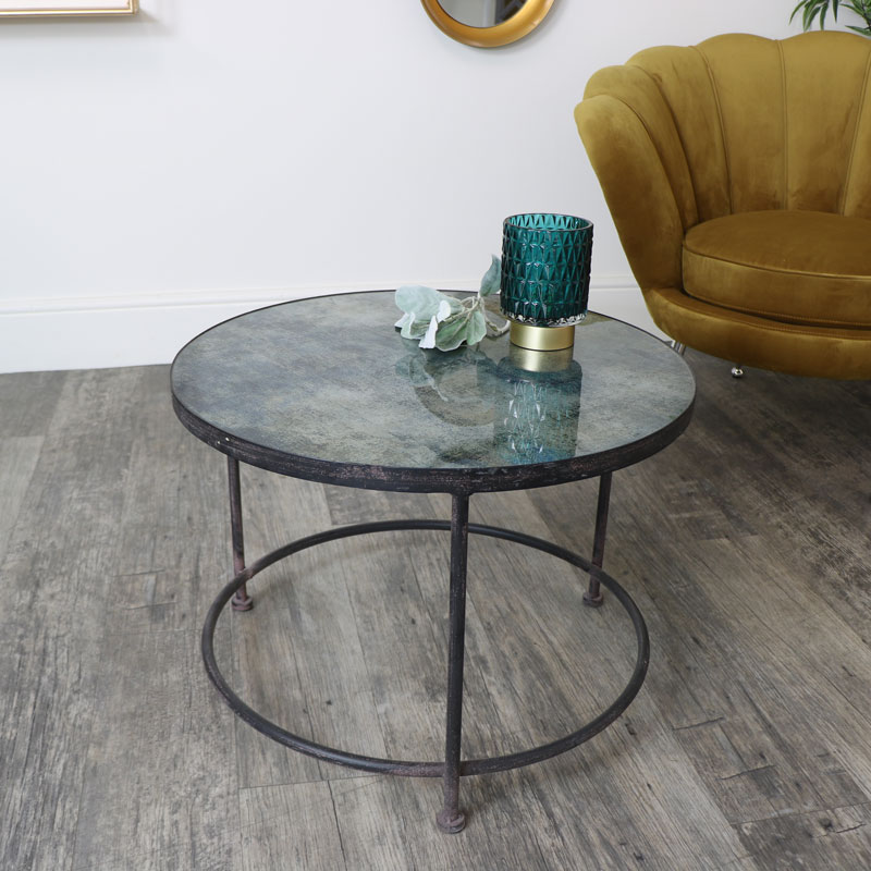 Round Metal Blue Glass Topped Coffee Table Round Metal Blue Glass Topped Coffee Table, Round Metal Glass Top Coffee Table