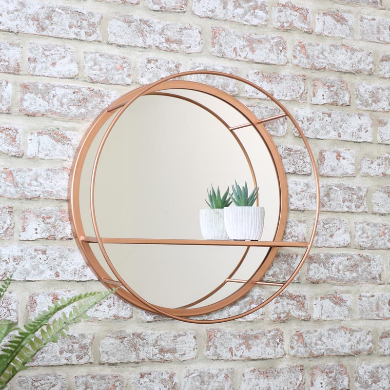 Round Mirrored Copper Wall Shelf - Copper Wall Mirror With Shelf