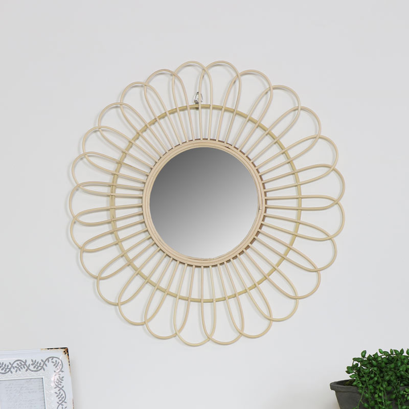 Round Natural Rattan Flower Wall Mirror