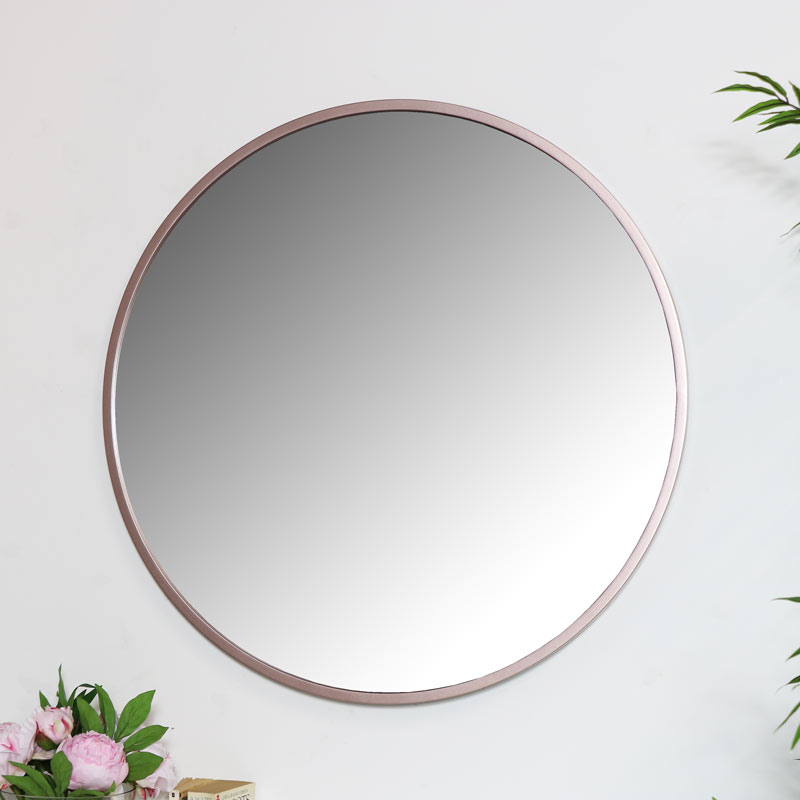 Round Rose Gold Pink Wall Mirror Large Thin Framed Copper Modern Scandi Decor Round Rose Gold Pink Wall Mirror Large, Large Round Copper Mirror Uk