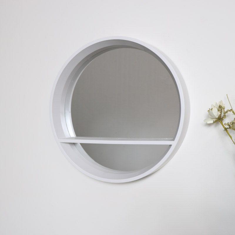 Round White Mirrored Shelf Unit, White Round Wall Mirror With Shelf