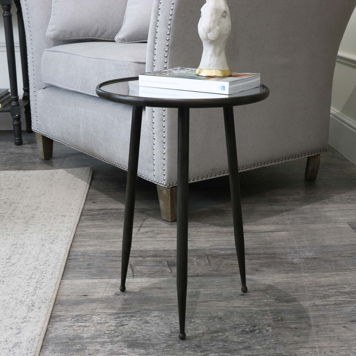 Rustic Black Round Mirrored Glass Top Side Table 