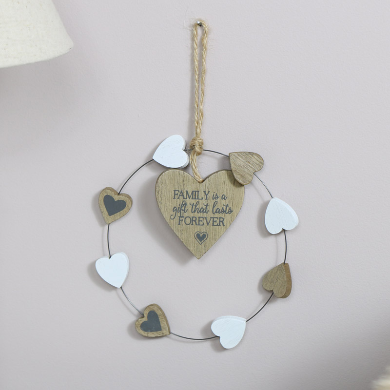 Rustic Hanging Heart Family Plaque