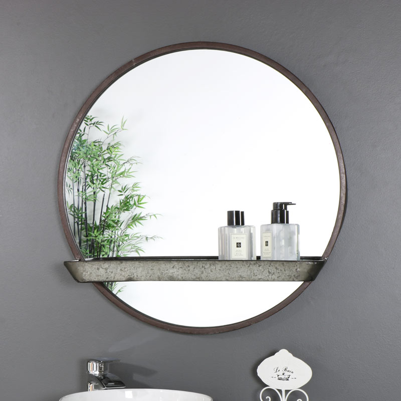 Rustic Industrial Round Mirror With, Wall Mirror Shelf Bathroom