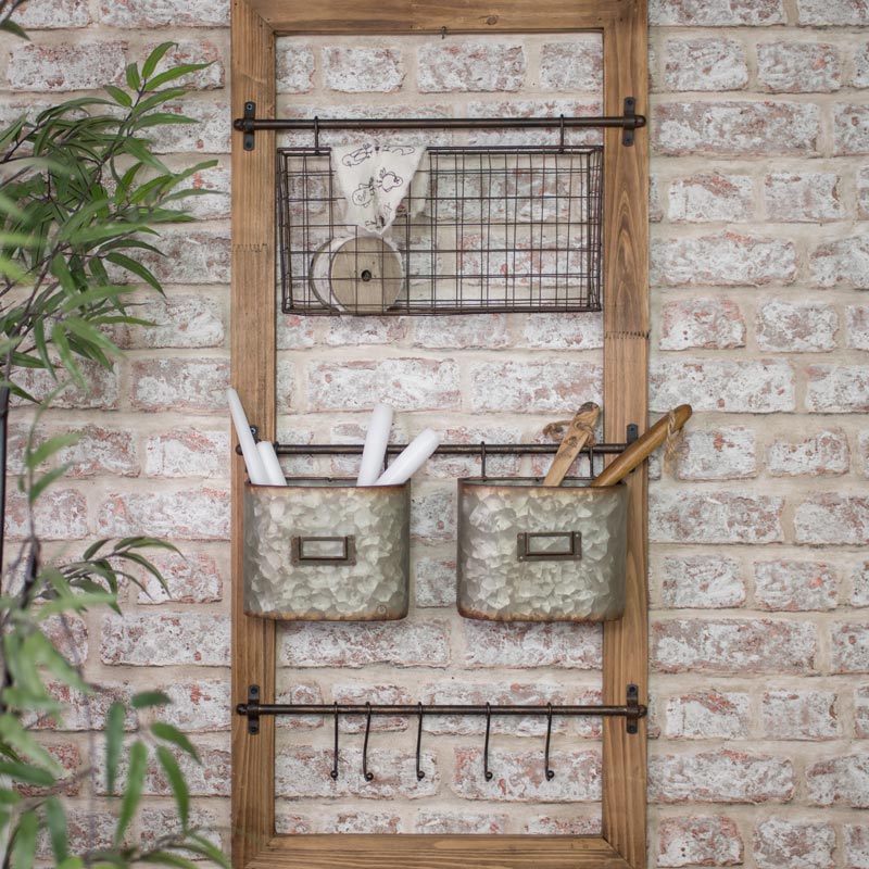 Rustic Wall Shelf With Baskets And Hooks, Wall Storage Shelves With Baskets
