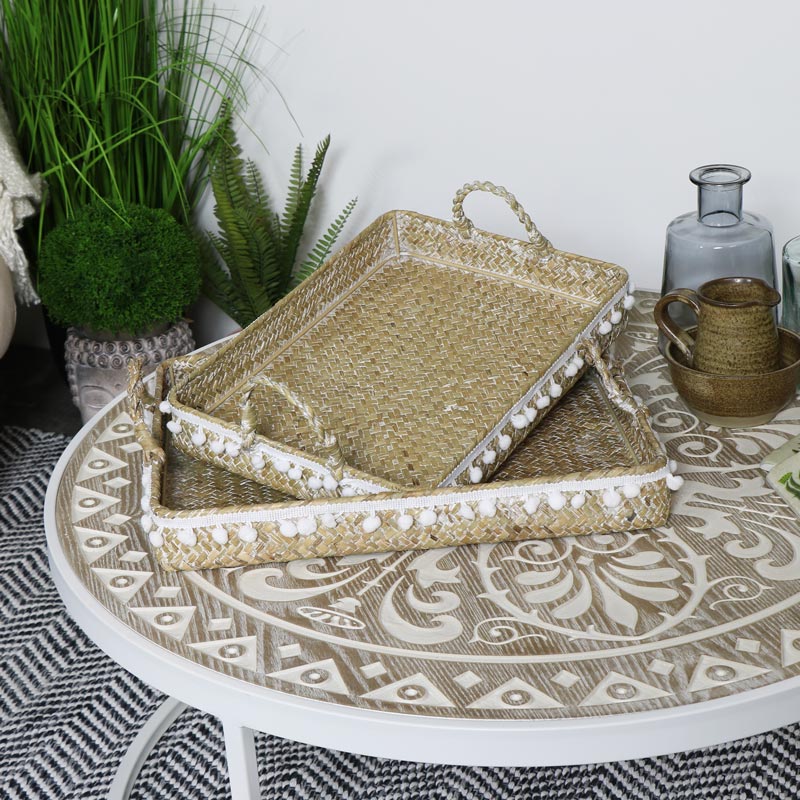 Set of 2 BoHo Woven Pom Pom Trays