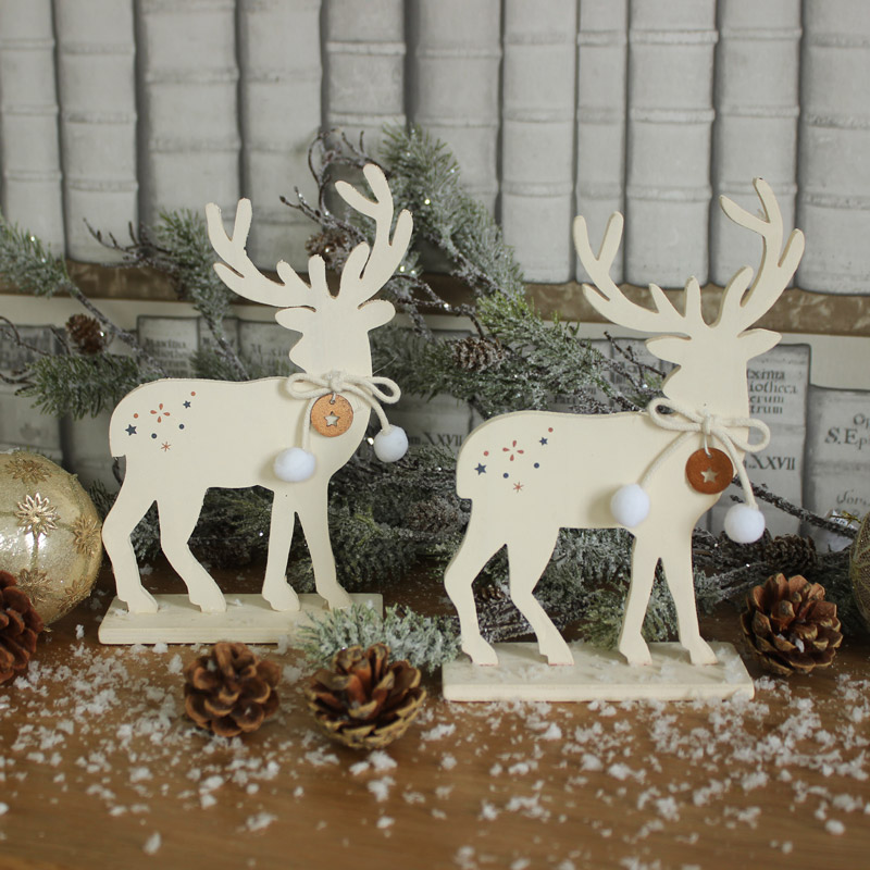 Set of 2 Cream Wooden Christmas Reindeer