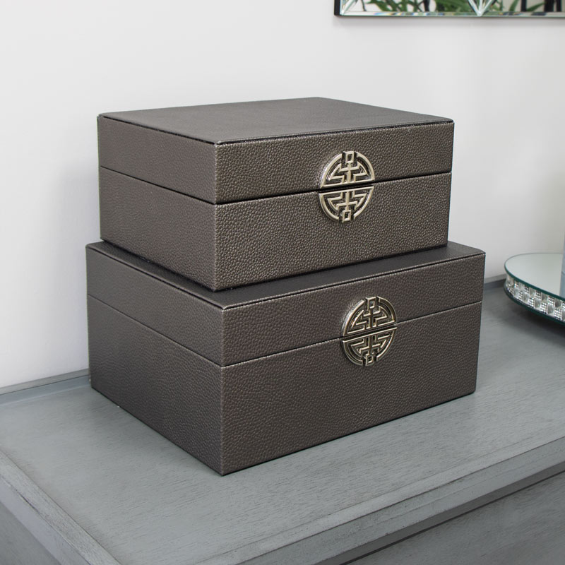 Set of 2 Pewter Faux Leather Jewellery Boxes