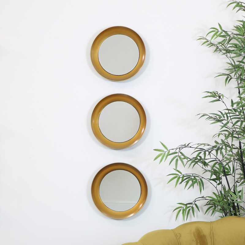 Set Of 3 Black Gold Round Concave Mirrors 30cm X Black Gold Round Concave Mirrors 30cm, Gold Round Wall Mirror Set