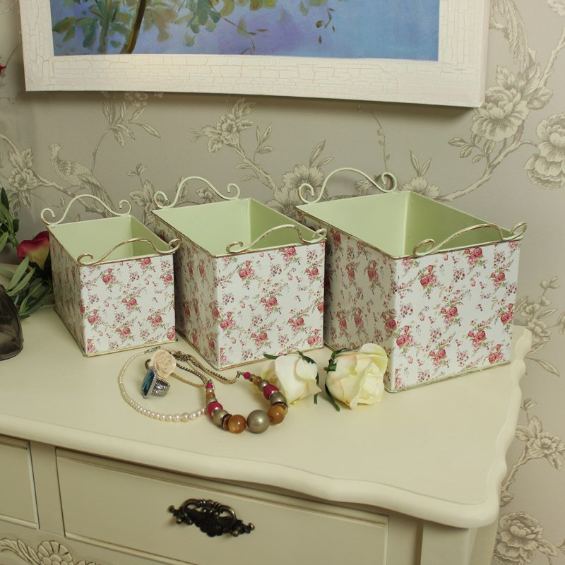 Set of 3 Cream Metal Decorative Floral Storage Boxes