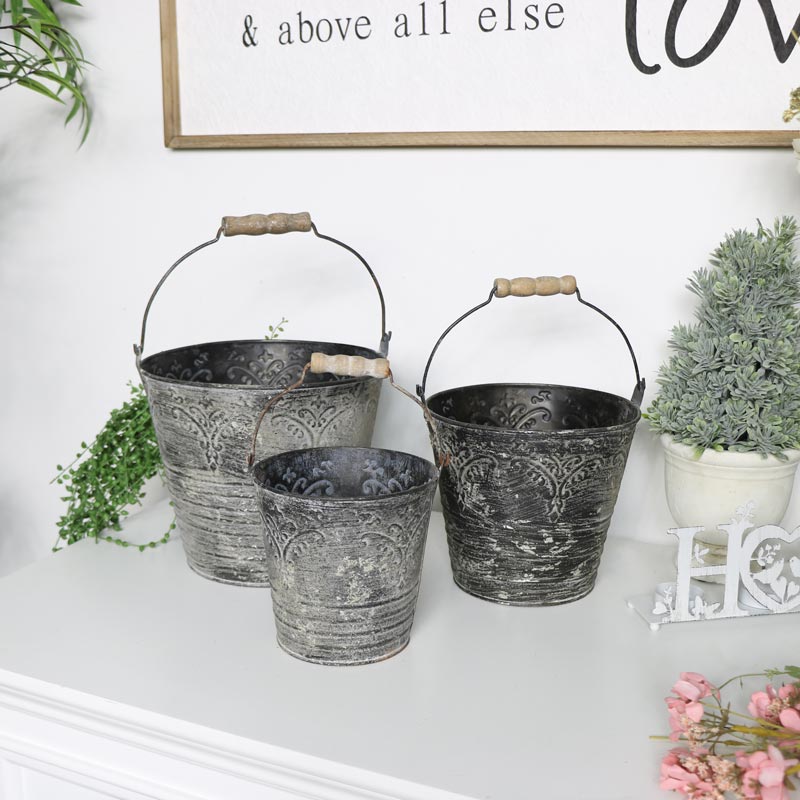 Set of 3 Distressed Metal Buckets 