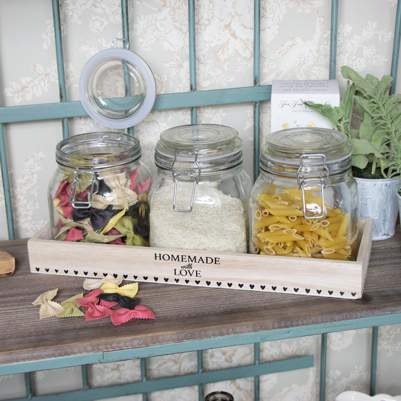 Set of 3 Glass Storage Jars in Wooden Tray
