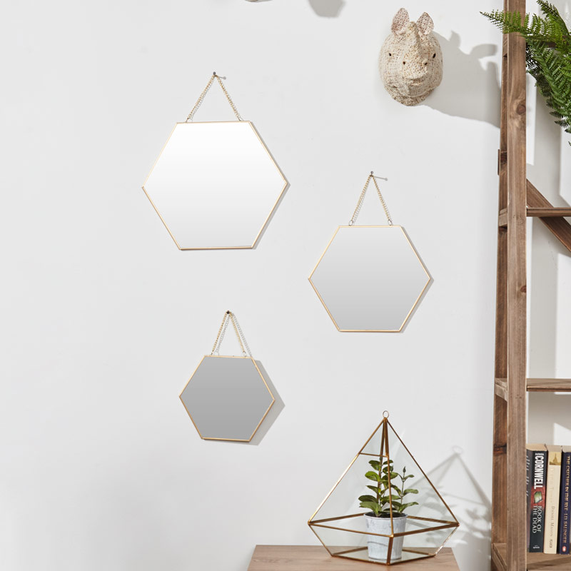 Set Of 3 Gold Framed Hexagon Wall Mirrors
