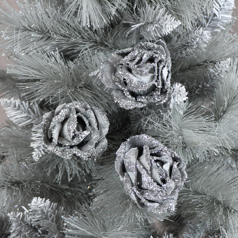 Set of 3 Grey Velvet Rose Tree Decorations