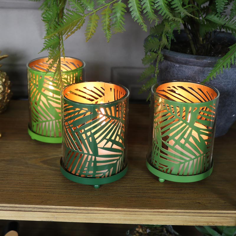 Set of 3 Palm Leaf Glass Candle Holders