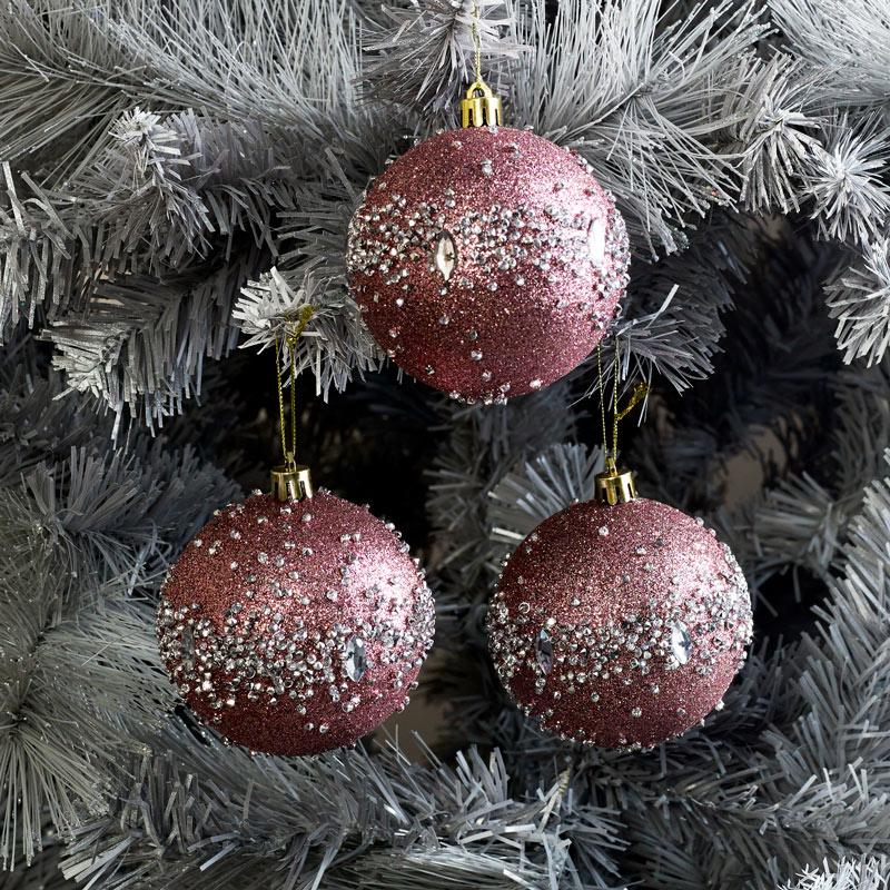 Set of 3 Pink Glitter Jewelled Christmas Baubles