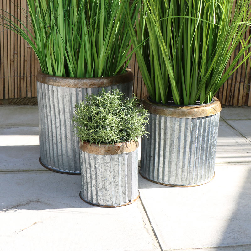 Set of 3 Round Grey Metal Planters